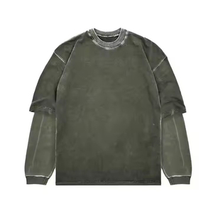 Tùy Chỉnh Unisex Dài Tay Áo Hai Lớp <span class=keywords><strong>2</strong></span>-Trong-1 T-Shirt 100% Cotton Thể Thao Thân Thiện Với Môi Nhanh Chóng Khô Đá Axit Rửa Thiết Kế - Product Image 2