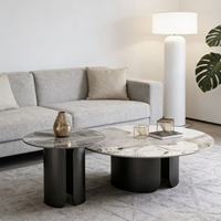 Ensemble de tables basses en pierre frittée de luxe, base en acier inoxydable doré poli, table centrale moderne pour salon