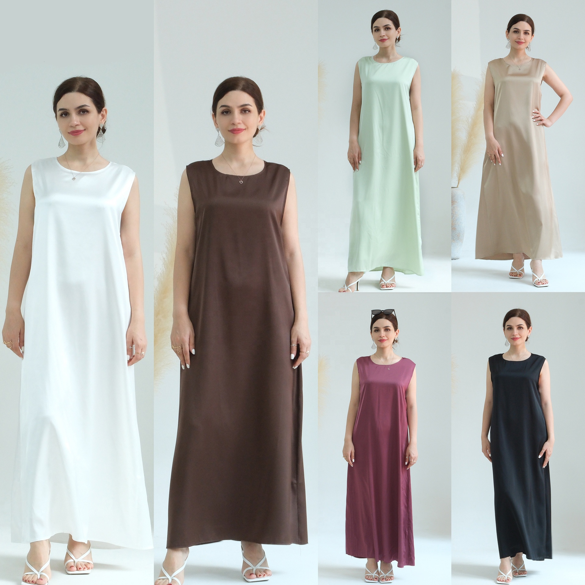 Gaun Lebaran wanita tanpa lengan polos, gaun Slip dalam Abaya sutra Satin Muslim grosir Ramadan Dubai