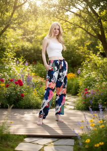 Pantalones Harem Florales para Mujer, Cintura Elástica, Corte Holgado, Largo hasta el Tobillo, Estampados, Casuales, de Verano, Tejidos, con Bolsillos - Product Image 2