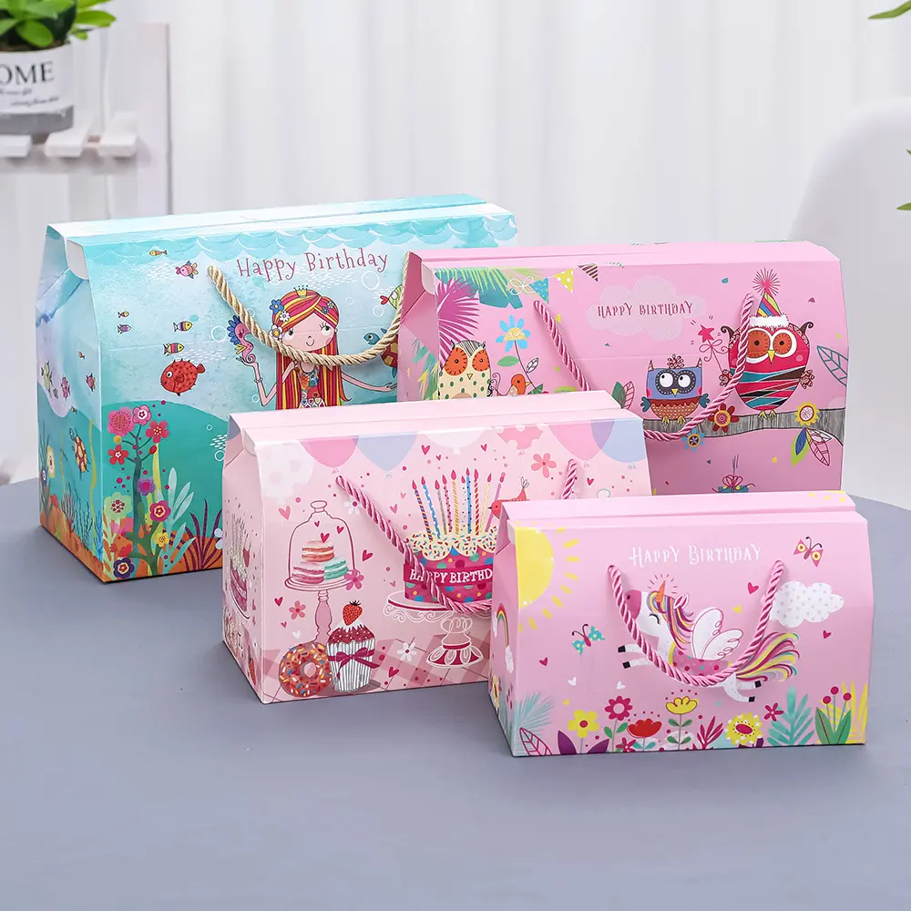 Cajas de Regalo de unicornio, búho, sirena, bebé, luna llena, dulces, con bolsa de regalo de cumpleaños