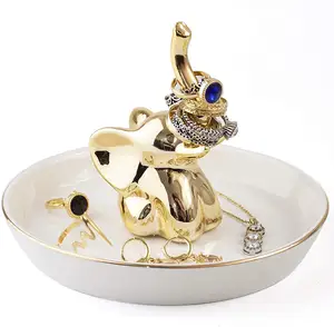 Golden Elephant Jewelry Plate Dish Jewelry Organizer Ceramic Ring Trinket Dish for Home Decor