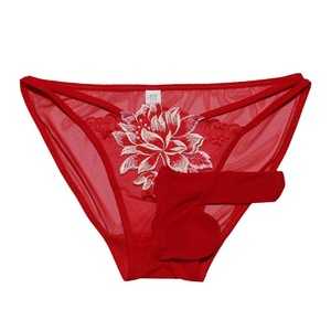 Men's Sexy Underwear Red Mesh Low-Rise Bullet-Separated Floral Embroidered Briefs - Product Image 5