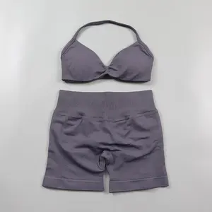 Set Yoga Seamless Ruched Wanita, Pakaian Olahraga, Shorts Gym Anti Guncangan, Sport Bra Bertali, Set 2 Potong, Baju Olahraga Halter, Setelan Fitness - Product Image 2