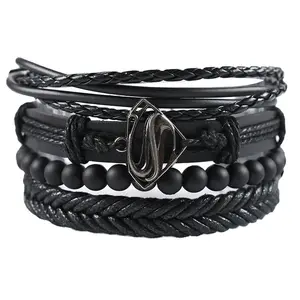 Pulseira de couro trançado ajustável, conjunto de pulseiras de couro com símbolo da moda, atacado