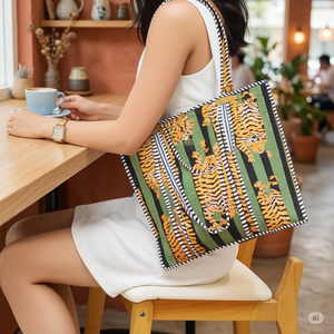 Bolsa de Mano de Algodón con Estampado de Leopardo, Estilo Boho Mediano, Cierre de Cremallera, Diseño Sostenible - Verde - Product Image 2