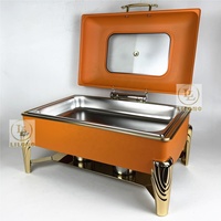 Plat de service de luxe 9L en acier inoxydable, chauffe-plat de buffet rouge et or avec couvercle en verre visible pour banquets d'hôtel