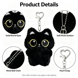 Porte-clés en peluche personnalisé avec un design élégant de chat noir, deux chaînes métalliques et un cœur en métal - Product Image 2