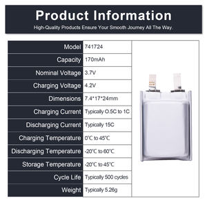 แบตเตอรี่ลิเธียมโพลิเมอร์แบบชาร์จได้ <span class=keywords><strong>3</strong></span>.7v 170mAh สำหรับเฮลิคอปเตอร์บังคับวิทยุขนาดเล็ก รุ่น 741724 - Product Image 3