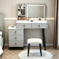 Bureau de toilette moderne du milieu du siècle en verre avec miroir éclairé et rangement, design en panneaux MDF pour chambre et appartement