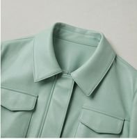 Veste en peau de mouton lisse vert menthe pour femme, col chemise, cordon de serrage à la taille, mi-longue, décontractée, manteau en cuir pour l'extérieur