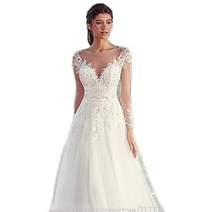 <b>Lace</b> Appliqu Deep V-Neck Long Sleeve A-Line Wedding Dress Pure <b>White</b> Chiffon Natural Waistline Summer Bridal Gown - Product Image 5