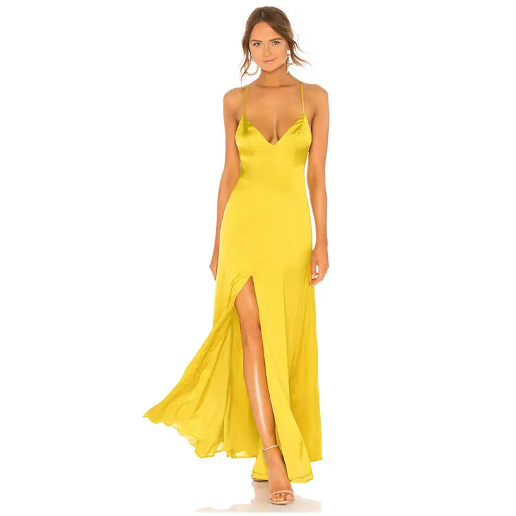 New Design Yellow Satin Sleeveless Women Long Split Dress