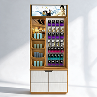Kiosque de présentation de maquillage en bois avec étagères ouvertes, miroir, panneau perforé, outils suspendus, quatre tiroirs, CE ETL pour salon de beauté