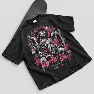 T-Shirt <span class=keywords><strong>Uomo</strong></span> Oversize in Cotone Pesante con Grafica <span class=keywords><strong>Gotica</strong></span> Effetto Usurato, Vestibilità Boxy Strappata, Stile Streetwear Urbano - Product Image 3