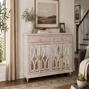 <b>Vintage</b> Solid Wood <b>Sideboard</b> Cabinet with Carved Glass Doors| Distressed WoodenBuffet Cabinet wit Drawers & Storage| Living room - Product Image 1