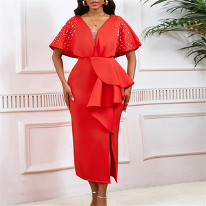 D516 Nouvelle Collection Robe de Soirée Élégante pour Femme, Col en V Sexy, Volants, Fente, Perles, Idéale pour l'Été - Product Image 5