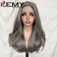 KEMY HAIR Perruque Lace Frontale Synthétique Luxe Gris Brun Haute Qualité Courte pour Femme 1 Perruque 3 Styles : Ondulée Naturelle, Lisse, Bouclée Crépue