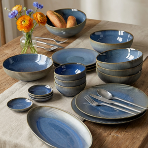 Bone China Nordic Wind Design Underglazed <b>Microwave</b> Dishwasher & Oven Safe Large Soup/Noodle Bowls & Plates <b>Set</b> Utensils Kit - Product Image 1
