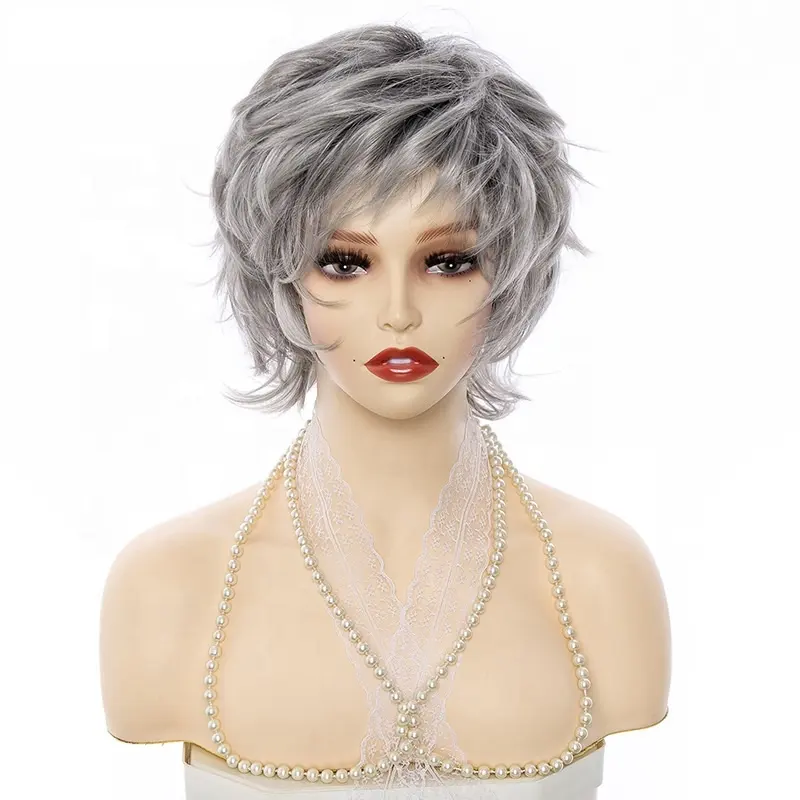Amazon Hot Sell Short Synthetic Hair Wig With Kinky Straight Grey Mixed Color Bob Hair Synthetic Wigs for Women