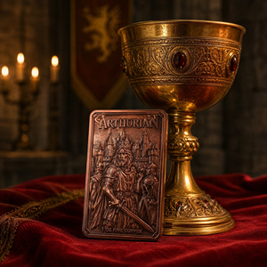 Barre commémorative en cuivre fin .999 de 1 oz, série Légende Arthurienne, avec relief 2D personnalisé du Roi <span class=keywords><strong>Arthur</strong></span> et Merlin, idéale pour un cadeau. - Product Image 1