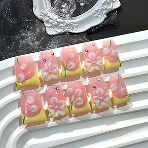 LUMEILA <span class=keywords><strong>Uñas</strong></span> Postizas Acrílicas de Cobertura Completa, Color <span class=keywords><strong>Rosa</strong></span> <span class=keywords><strong>Fucsia</strong></span> Degradado, con Flores Blancas 3D, Perlas y Detalles Dorados, Tamaño Mediano Corto, 10 Piezas - Product Image 5