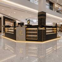 Kiosque de parfum sur mesure pour centre commercial, comptoir de présentation cosmétique en verre noir et or, stand de vente de parfums, mobilier complet pour magasin, personnalisation sur mesure