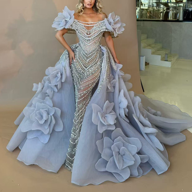 Customized Sky Blue Beading Prom Dresses Middle East African 3D Flowers Evening Dress Robes De Soiree Long Wedding Party Dress