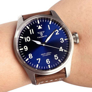 Tandorio新品43mmパイロットウォッチガラスバックシンプルブラックサファイアガラス自動NH35A/PT5000機械式時計200m防水 - Product Image 4