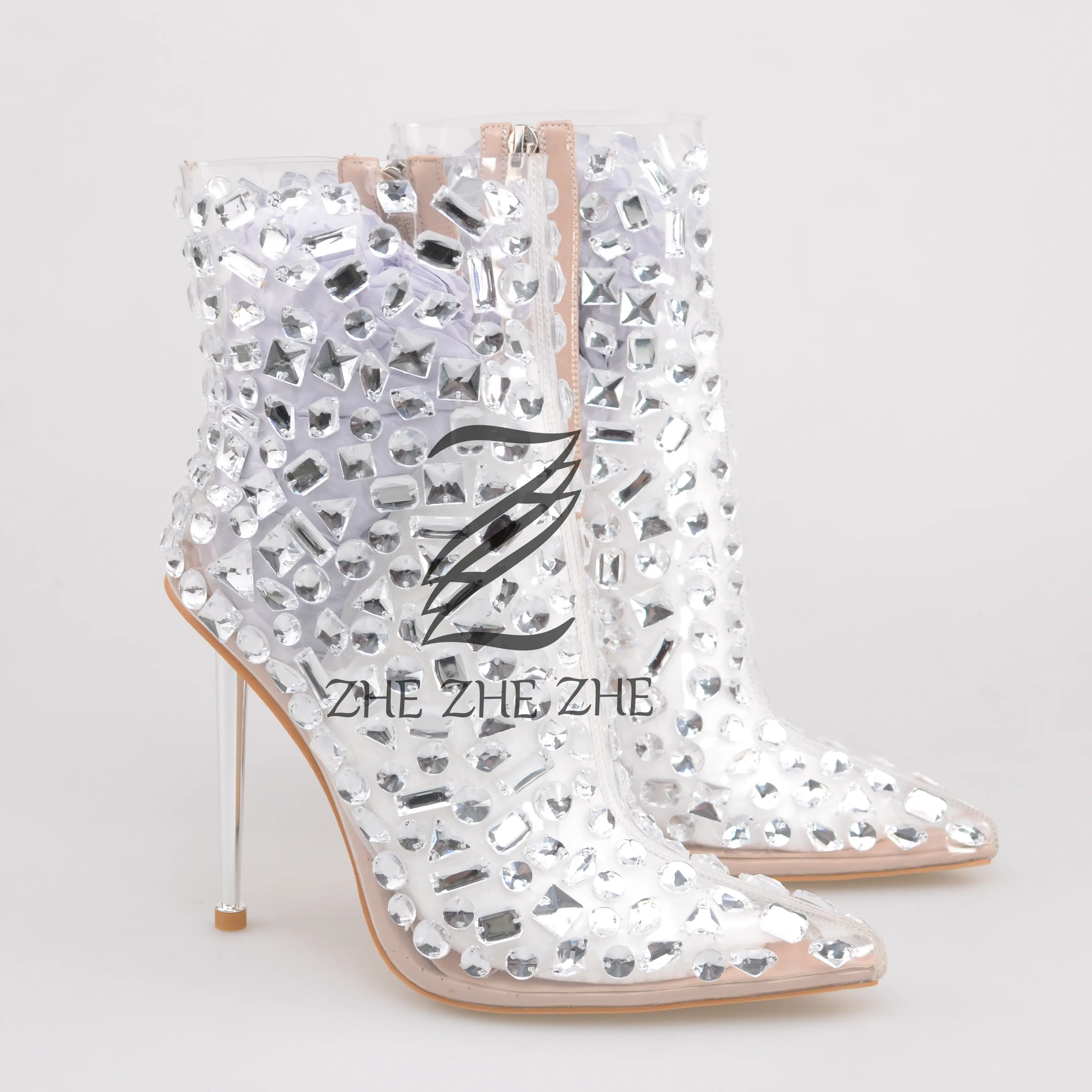 Support OEM/ODM New High Heel Pointed Transparent Female Boots Transparent Rhinestone Embellished Sexy Luxury Female Ankle Boots