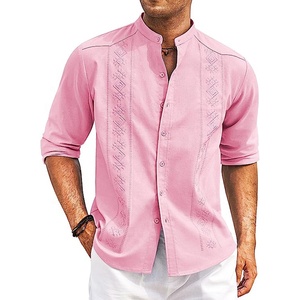 Nam giản dị Linen Áo sơ mi Cuban guayabera dài tay áo bãi biển Áo sơ mi <span class=keywords><strong>collarless</strong></span> nút xuống t Áo sơ mi - Product Image 5