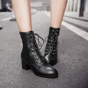 Botines Negros de Piel Genuina con Cordones, Punta Redonda, Tacón Cuadrado, Antideslizantes, Zapatos de Mujer, Envío Directo - Product Image 1