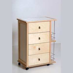 Chariot à tiroirs MASLEGNO en hêtre massif avec plateau en carrelage, design moderne, roues en plastique, rangement pour bouteilles - Solution pratique pour la cuisine - Product Image 1