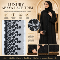 Bordure en dentelle brodée de perles et de sequins noirs, garniture en maille de 5''+ de largeur pour accessoires d'Abaya, Kaftan et Robe Musulmane de Dubaï