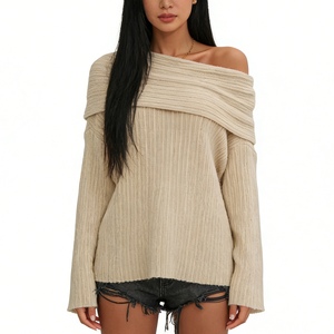 Pull en maille côtelée à épaules dénudées pour femme - Haut en maille décontracté surdimensionné tendance - Product Image 4