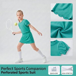 Puresun RTS Consegna Rapida Set Sportivo per Ragazze 8-9 <span class=keywords><strong>Anni</strong></span>, T-shirt Altamente Elastica con Bordo Smerlato, Traspirante, Tinta Unita, per Yoga - Product Image 3