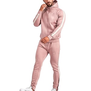 Chándal rosa con capucha para hombre, sudadera con cremallera completa y bolsillos laterales, ropa deportiva informal para otoño, poliéster transpirable - Product Image 1