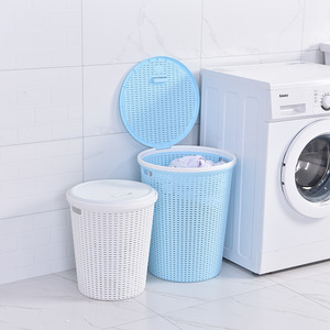 Round Plastic Laundry Basket With Lid Wicker Style Dustproof Clothing Organizer Storage Bin - Product Image 3