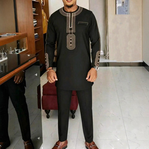 Nouveau Costume Dashiki Africain 2 Pièces pour Hommes, Manches Longues Brodé en Fausse Fourrure, Élégant, Mariage, Luxe, Quatre Saisons - Product Image 1