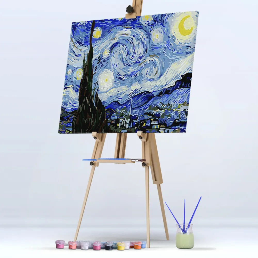 Diy tuval soyut yağlıboya yıldızlı gece Handpainted boyama numarası Van Gogh