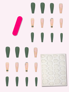 Lot de 24 faux <span class=keywords><strong>ongles</strong></span> longs <span class=keywords><strong>vert</strong></span> <span class=keywords><strong>olive</strong></span> à presser, motifs fleurs de cerisier et strass, en ABS pré-dessinés - Product Image 2