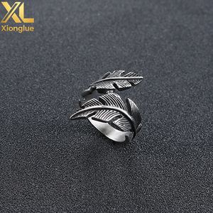 Stainless Steel Feather Retro Fashion Leaves Men's <b>Silver</b> <b>Adjustable</b> Opening <b>Ring</b> - Product Image 2