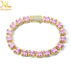 Hiphop Luxury Men's <b>Copper</b> Zircon Geometric Shape Charm Clustered Tennis <b>Chain</b> Bracelets 18K Gold Plated Complete Set - Product Image 2