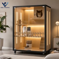Villa moderne de luxe pour chat, maison pour animaux de compagnie en bois et verre à plusieurs étages avec porte, grand espace, design stable pour plusieurs chats