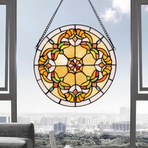 Panneau de fenêtre en verre Tiffany massif de 12 pouces, style baroque, motif floral jaune, avec crochet à chaîne, pour salon et cuisine - Product Image 2