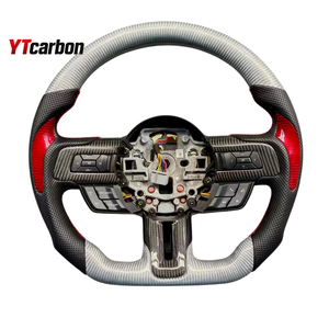 Volant de course sport personnalisé en fibre de carbone véritable forgée avec flocons rouges brodés YTcarbon pour <span class=keywords><strong>Mustang</strong></span> S550 <span class=keywords><strong>GT</strong></span> Shelby - Product Image 1