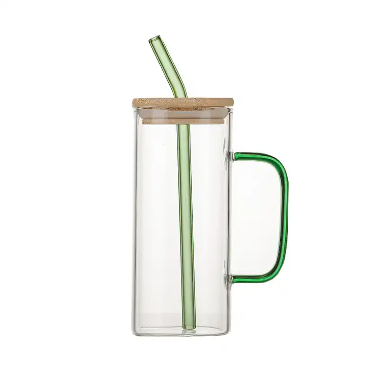 Source 400ml Square Drinking Glasses with Bamboo Lids and Straws