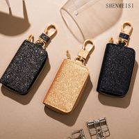 Étui pour clé de voiture en cuir PU texture litchi, pochette à fermeture éclair, porte-clés portable avec crochet pour clé, idéal pour un cadeau promotionnel