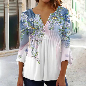 Damesblouse Lichtblauw Wit Roze Bloemenprint met knopen 3/4 mouw Casual Vakantie Basic V-hals Damesblouses - Product Image 6