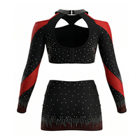 Uniforme de Porristas de Dos Piezas en Spandex, Manga Larga, Cintura Elástica, Color Rojo Brillante, Atuendo Juvenil para Animadoras